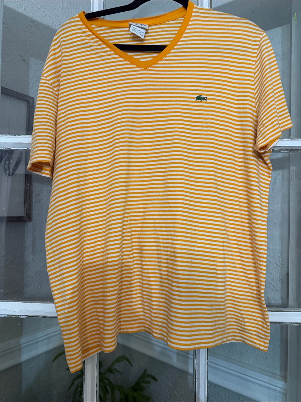 Lacoste Men’s Yellow and White Striped V-Neck Tee